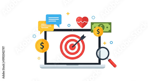A laptop displays a target with a dart, surrounded by finance and communication icons.