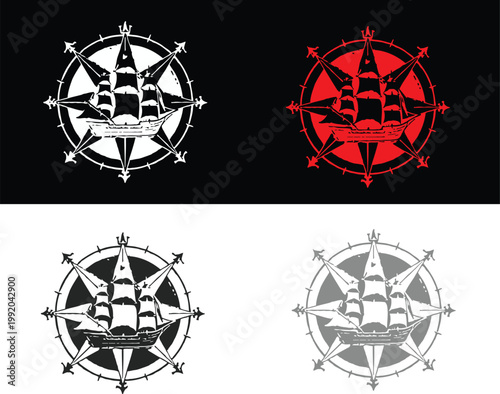 Four variations of nautical compass designs in different colors and backgrounds