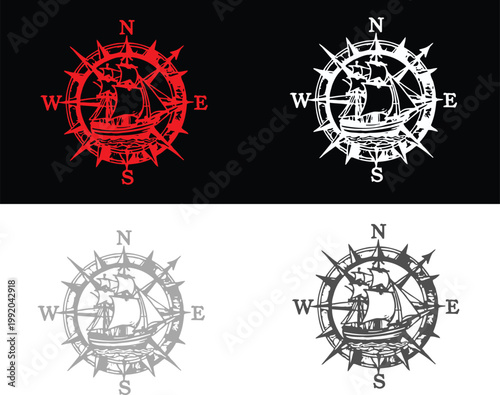 Four variations of a compass rose nautical graphic design