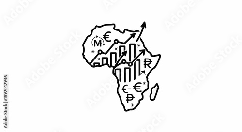 Outline of Africa with bar graphs, upward arrows, currency symbols, and asterisks