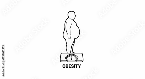 Outline of an overweight person standing on a scale with the word "OBESITY" below