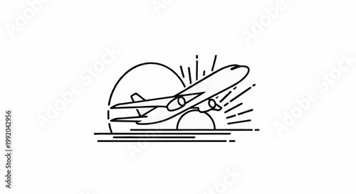 Outline of an airplane taking off against a sun-like circle