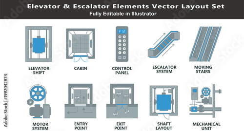 Vertical transport vector icons set, top view building system layout, elevator shafts, cabins, escalators, motors, entry exit points, CAD symbols