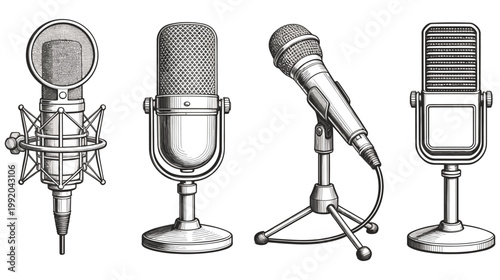 Vintage style set of microphones line art illustration for music and podcast.