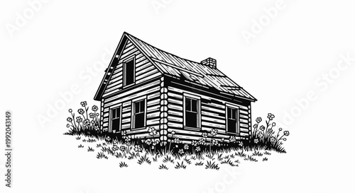 Rustic log cabin with a chimney sits among wild flowers and tall grass