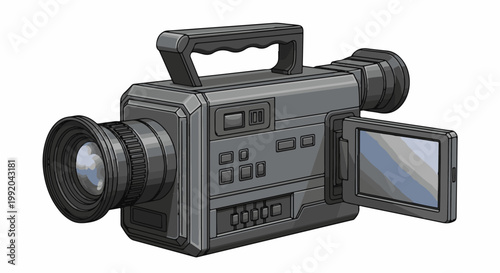 Pixelated vintage camcorder with open screen and large lens on white