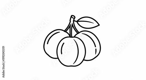 Simple line drawing of a cluster of four ripe plums with a leaf