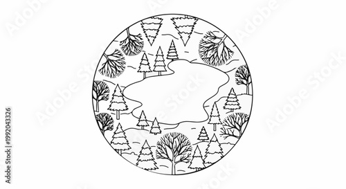 Oval framed illustration of a wintry landscape with a pond surrounded by trees
