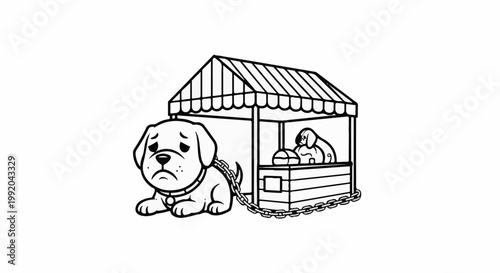 Sad chained dog outside market stall with another dog inside