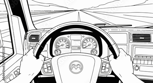 POV of hands gripping steering wheel on open road