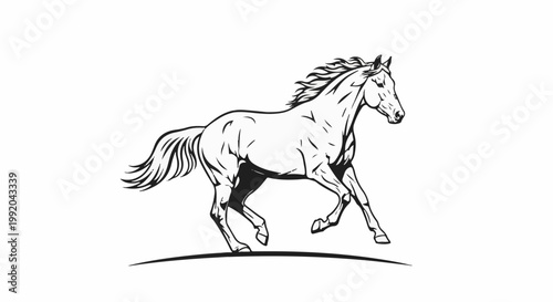 Powerful, black and white illustration of a galloping horse against a white background