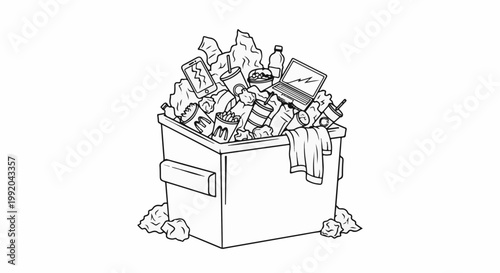 Overflowing dumpster filled with discarded food, drinks, and electronics