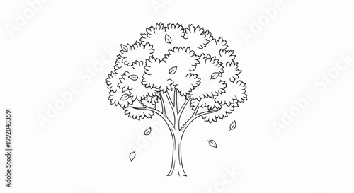 Simple line drawing of a deciduous tree in autumn with falling leaves