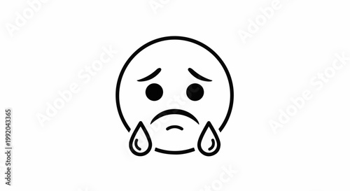 Sad emoji with tears, simplified black and white line drawing