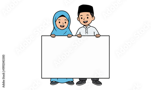 Muslim Children Holding Blank Sign Board Vector Illustration