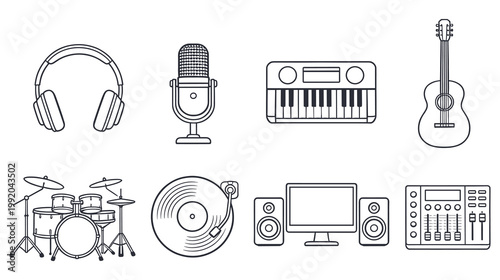 Set of music studio equipment and instruments line art vector illustration.