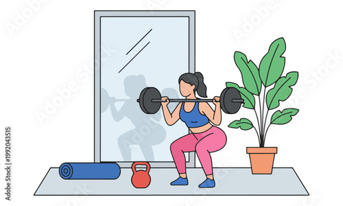 Woman Squatting with Barbell in Home Gym Illustration