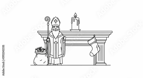 Saint Nicholas with gifts and stocking near a candle on a mantelpiece