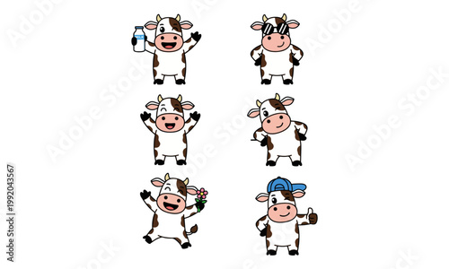 Cartoon Cow Character Mascot Set with Different Poses and Outfits