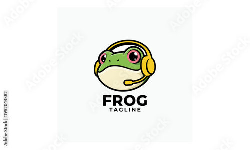 Frog Gamer Mascot Logo wearing Yellow Headphones with Microphone