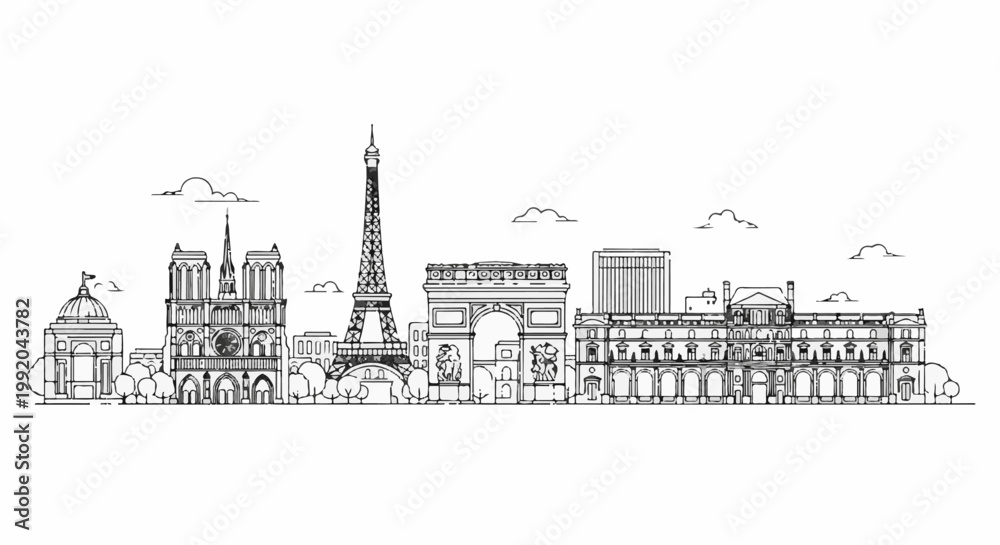 Fototapeta premium Parisian skyline sketch with iconic landmarks and clouds