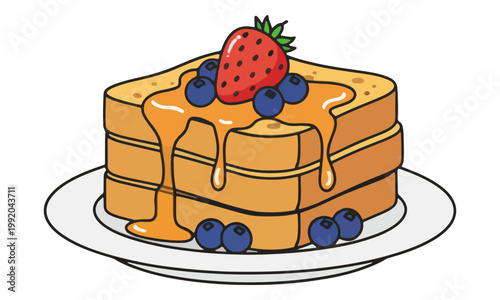 French toast stack with syrup strawberry and blueberries