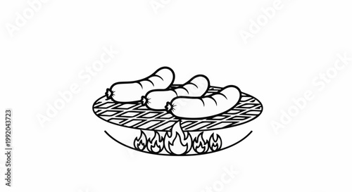 Sausages cooking on a grill over flames