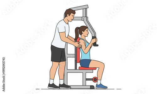 Personal trainer assisting woman with chest press machine