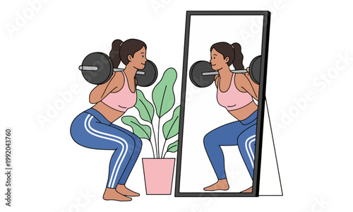 Woman Squatting with Barbell in Front of Mirror Illustration