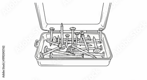 Scattered nails fill an open toolbox with a hinged lid, ready for use