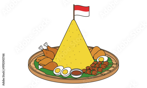 Indonesian Nasi Tumpeng Yellow Rice with Side Dishes and Flag