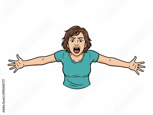 Schilderij op canvas Woman Shouting with Arms Wide Open Comic Illustration
