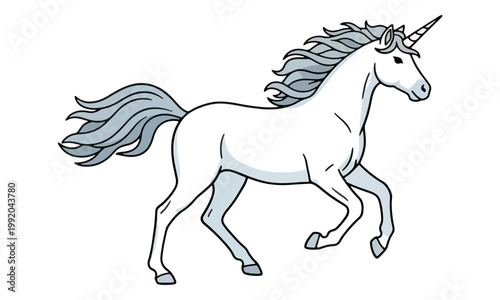 White unicorn galloping illustration isolated on white background