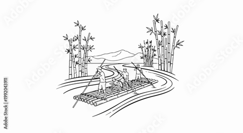 People on a bamboo raft navigate a river with bamboo trees and mountains