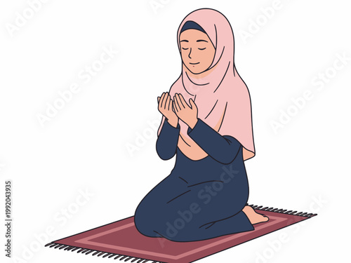 Muslim woman in pink hijab praying on prayer rug illustration