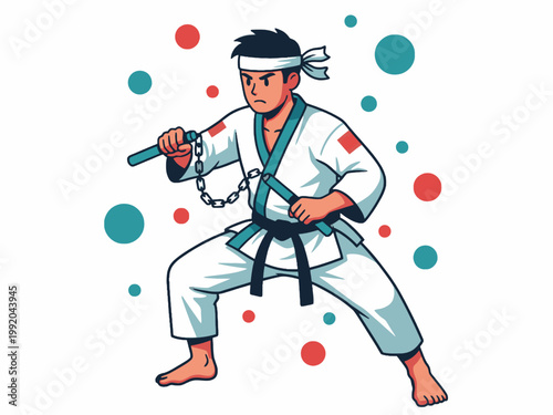 Karate Fighter Holding Nunchucks in Fighting Stance