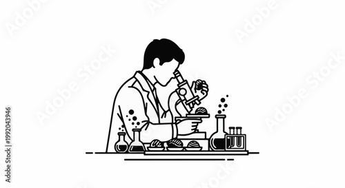 Scientist using a microscope surrounded by lab equipment and bubbly liquids