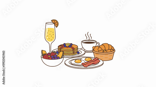 Breakfast food set illustration with pancakes, eggs, and coffee