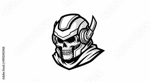 Sci-fi skull wearing a helmet with headphones and a cape