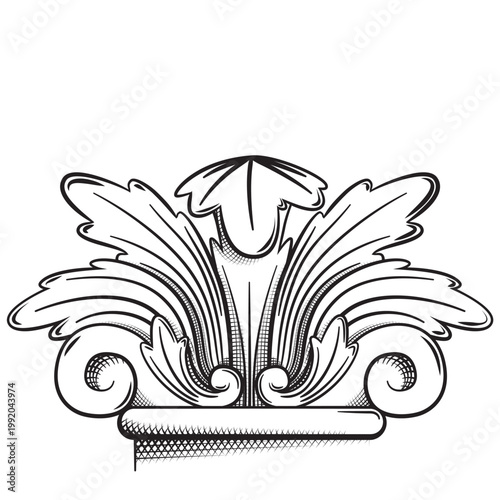 Ornament made with acanthus leaves. Black and white illustration of a detailed filigree made with acanthus leaves.