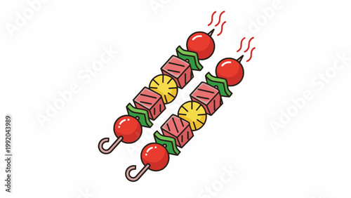 Beef Kebab Skewers with Peppers and Tomato Illustration on White