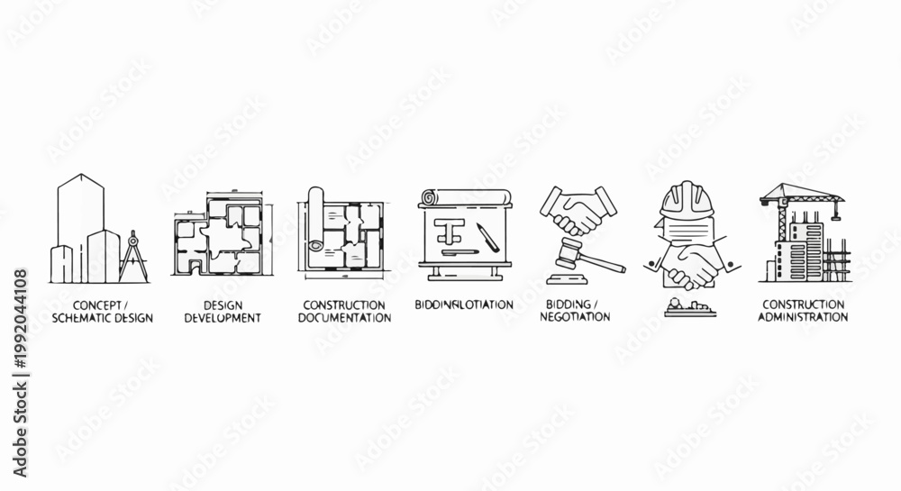 Fototapeta premium Sequence of construction project stages in a line of icons