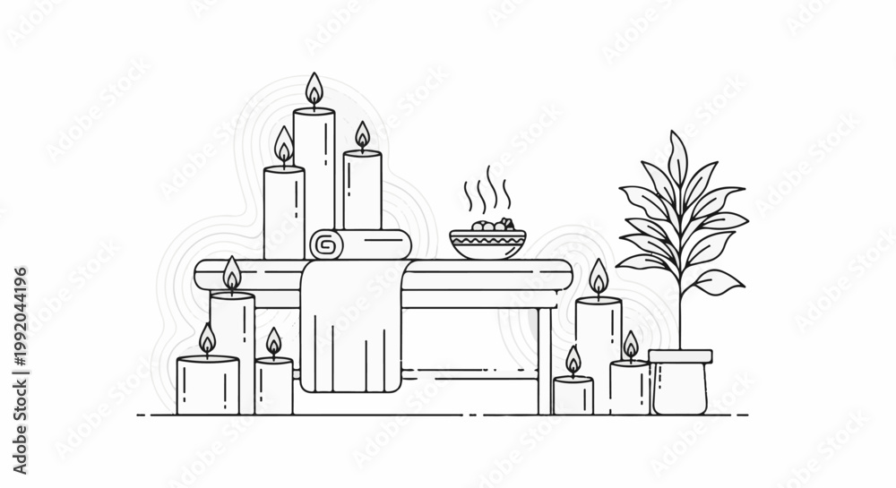 Naklejka premium Serene spa setup with candles, towel, plant, and steaming bowl