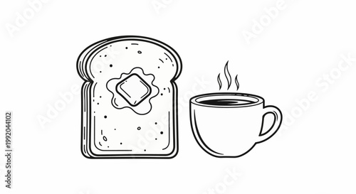 Simple line drawing of buttered toast and a steaming cup of coffee