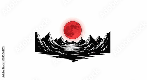 Red moon looms over jagged mountains reflecting in still water