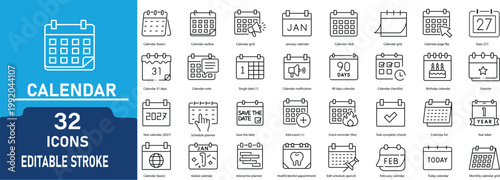 Calendar Line Icon Set. Contains icons related to date, schedule, planner, appointment, reminder, event management, timeline, monthly calendar, deadline, and organization. Editable stroke. Vector 