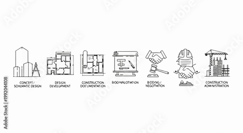 Sequence of construction project stages in a line of icons