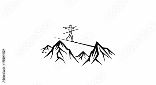 Person balancing on a tightrope above mountains
