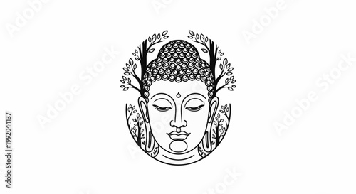 Serene Buddha face emerging from a circle of stylized trees and leaves