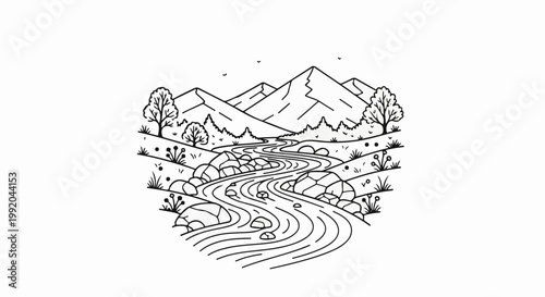 Serene mountain stream flows through rocky terrain with trees